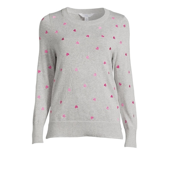 Time and Tru Heart Print Crew Neck Sweater Women’s light Grey Heather Size 4-6 - Picture 3 of 6